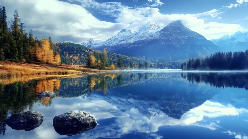 Photorealistic alpine lake reflection with autumn conifers.