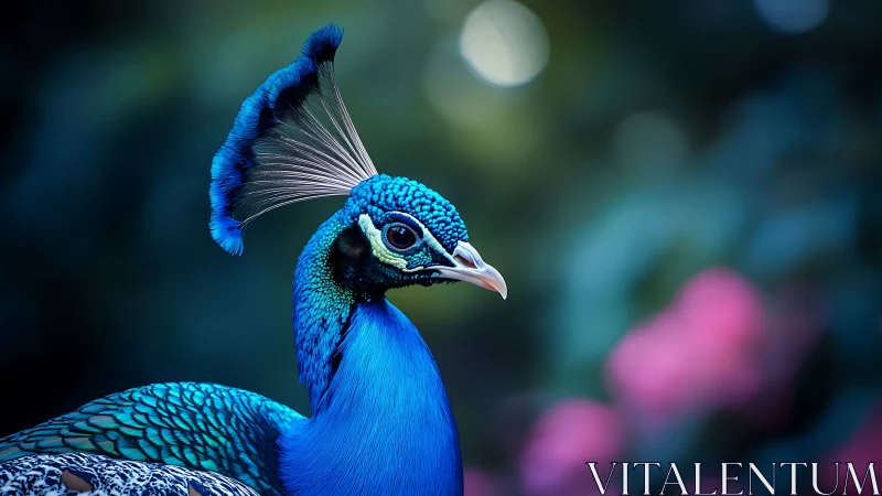 Vibrant blue peacock portrait in soft focus natural background.