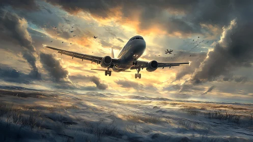 Digital painting of airliner over winter tundra at sunset.
