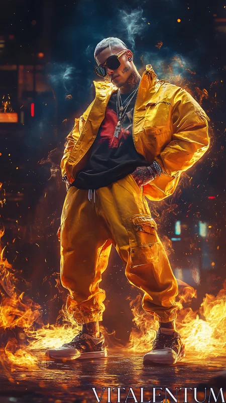 Streetwear figure in golden techwear framed by cinematic flames