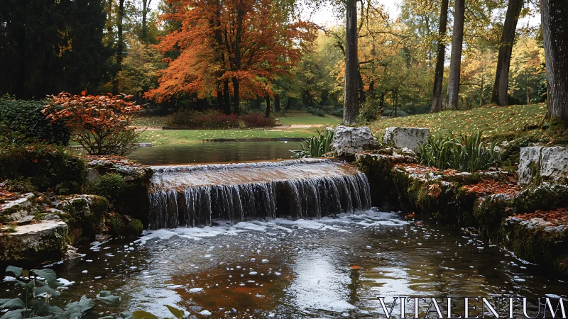 Autumn forest stream cascades gently through a tranquil park.