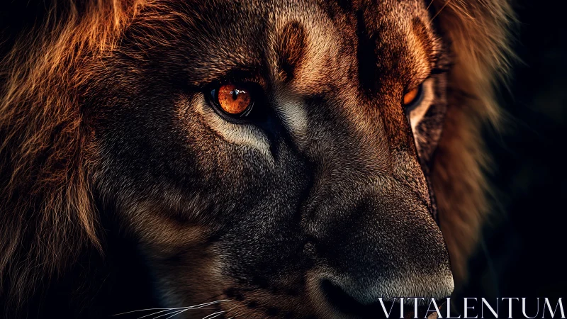 Close lion face with detailed fur and intense amber eyes