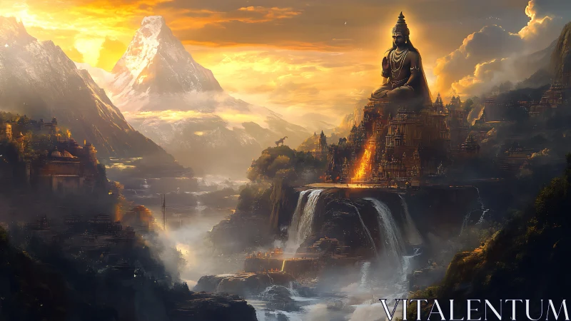 Golden mountain temple city with colossal seated statue.