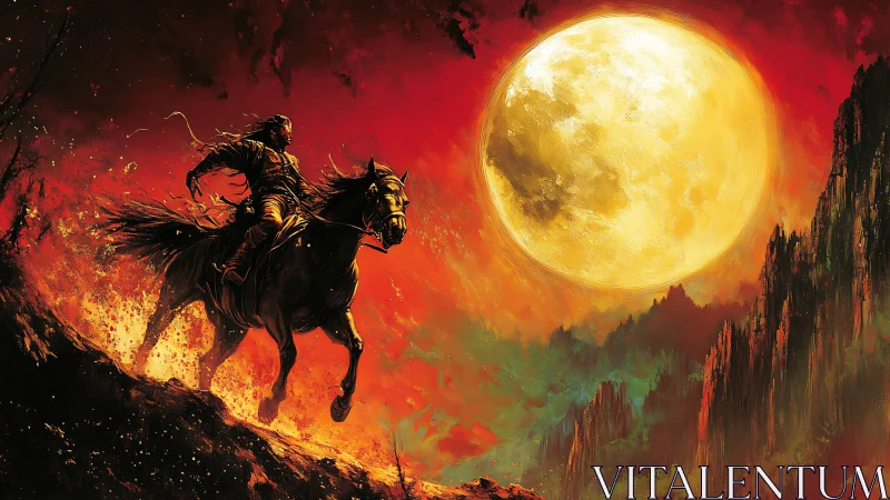 Lone rider charges through fire beneath a blazing full moon.