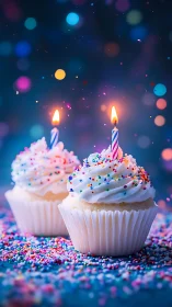 Birthday Cupcakes Celebrating With Glowing Candles and Sprinkles.