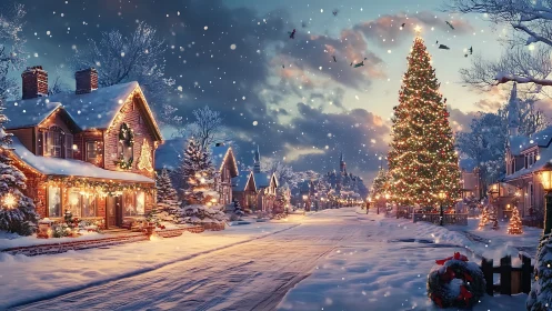 Snowy small-town Christmas street wrapped in cozy lights.