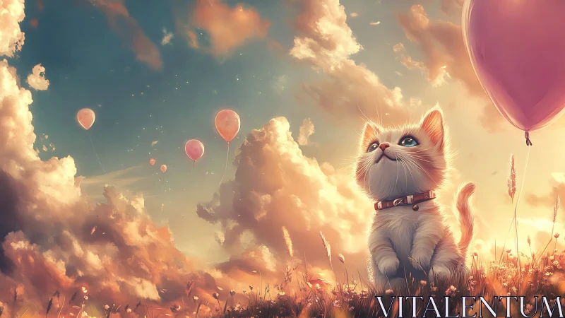 Whiskered dreamer floats through golden cloud kingdom.