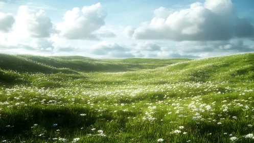 Sunlit green hills covered with white wildflower meadow.