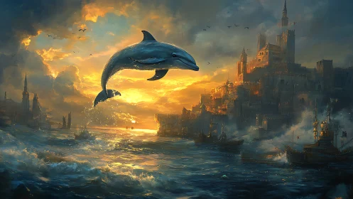 Dolphin over stormy bay with fortified coastal cityscape.