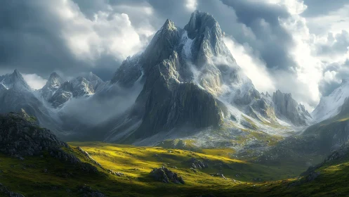 Storm-lit alpine spires rise over sunlit emerald valley