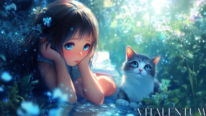Glowing forest daydream with blue-eyed anime girl and cat.