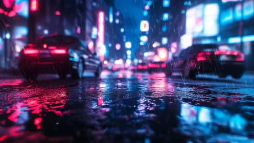 Neon rainstorms paint city asphalt into electric riverways