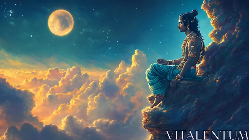 Seated figure observing full moon above illuminated clouds.