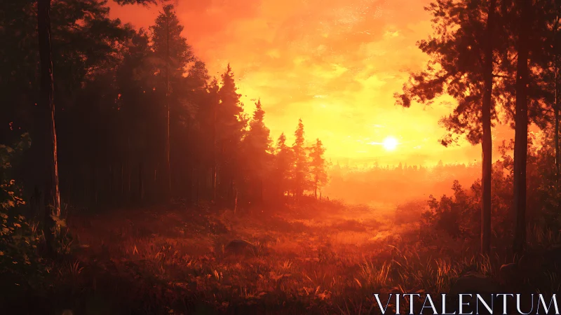 Golden forest sunrise bathes misty woodland in warm light