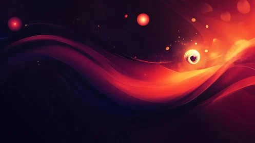 Abstract red waves with glowing spheres on dark field.