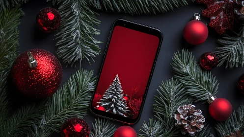 Smartphone with Christmas decor and red festive ornaments.