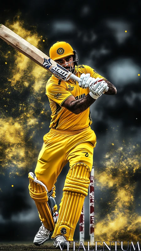 Golden-clad cricket striker carves light through smoky night