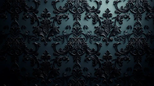 Dark embossed baroque floral pattern on teal surface.