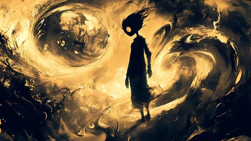 Shadow figure stands within swirling golden void storm