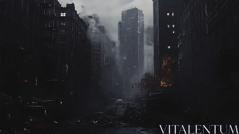 Post-collapse rain-soaked megacity canyon under structural failure.