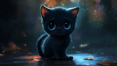 Luminous Black Cat with Glowing Blue Eyes in Ethereal Cosmic Environment