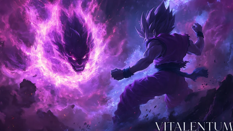 Storm-clad warrior defies a roaring cosmic shadow inferno.