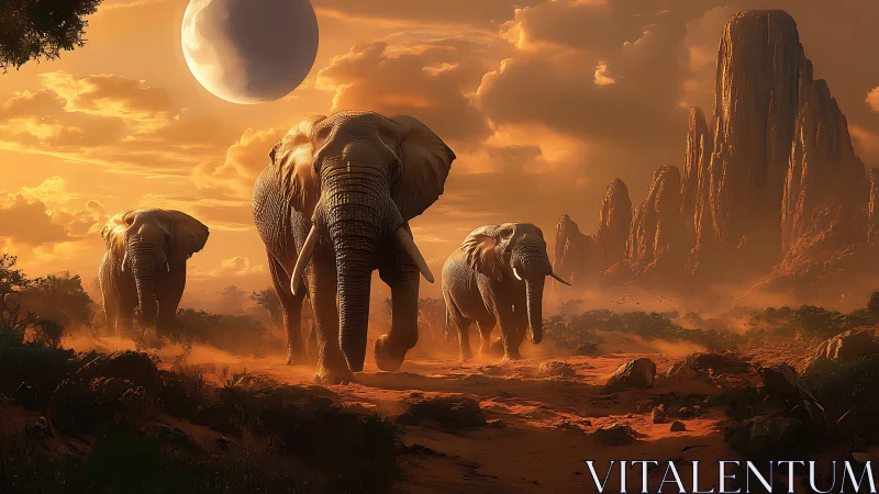 Elephants traverse alien savannah under colossal crescent moon