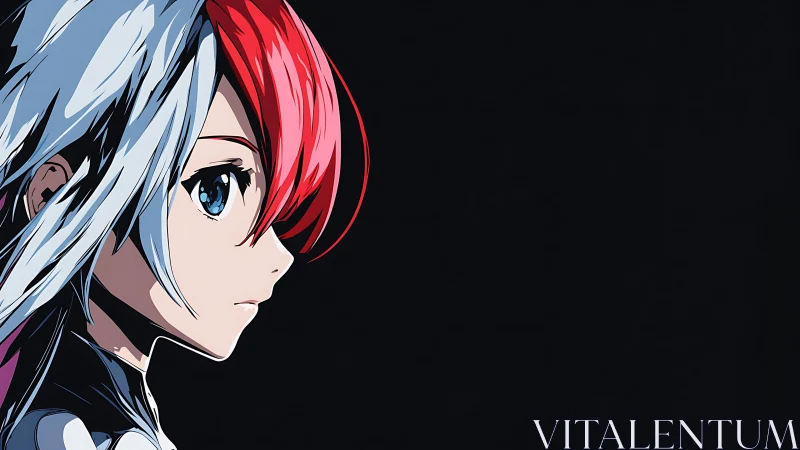 Quiet resolve in a half-red, half-white anime portrait.