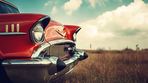 Classic red coupe glows against sunlit prairie horizon.