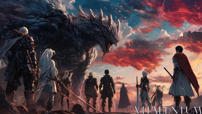 Storm-clad dragon roars as twilight heroes form a circle.