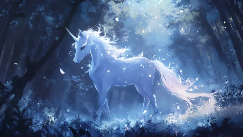 Luminous white unicorn wanders through a moonlit enchanted forest