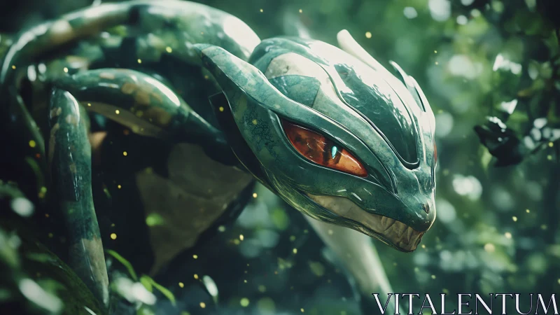 Emerald jungle serpent stalks through glittering forest haze.