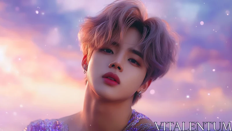 Androgynous portrait under iridescent dusk sky glow.