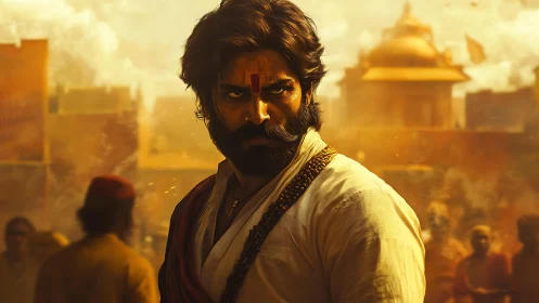 Warrior in saffron haze guards a blazing temple city.