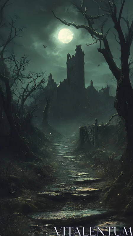 Moonlit ruin dominates a desaturated, mist-laden forest path