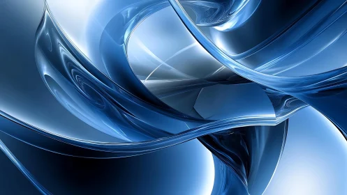 Abstract blue metallic curves digital artwork with reflective shine.