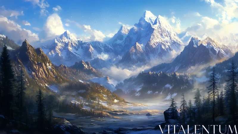 Snowlit alpine peaks over misty conifer valley panorama.