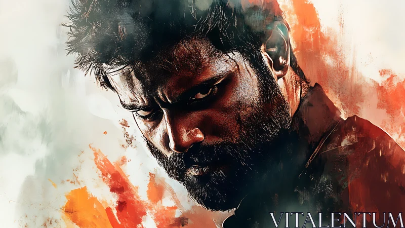 Brooding bearded portrait amid fiery abstract strokes.