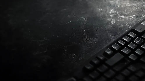 Low-key keyboard macro on textured dark workspace surface.