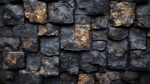 Dark textured stone wall with irregular rectangular blocks.
