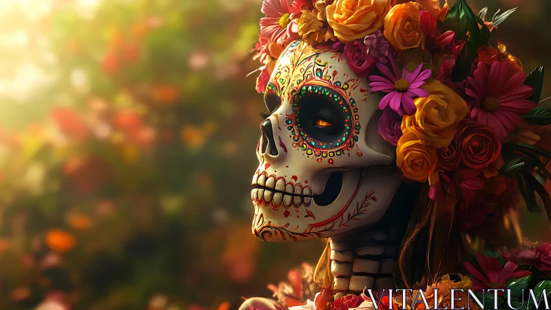 Sugar skull muse smiles through sunlit marigold storms