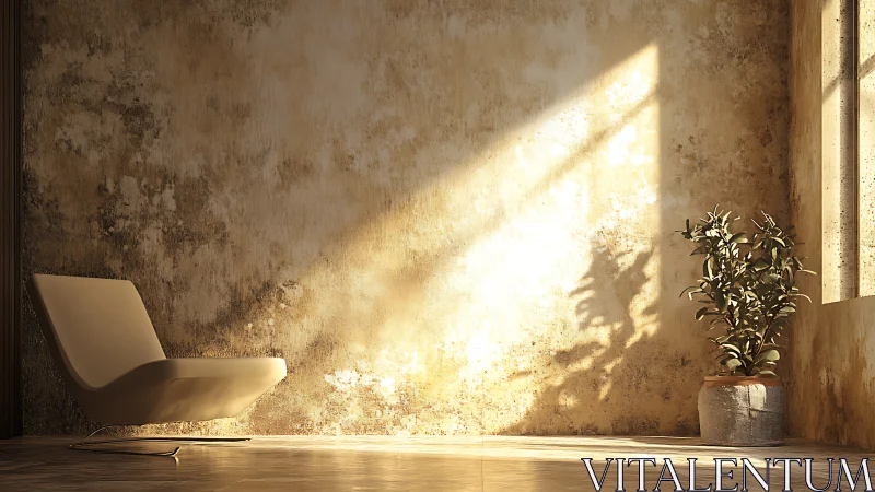 Minimal lounge chair and potted plant in warm sunlight.