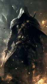 Hooded armored warrior walking through fire and ash.
