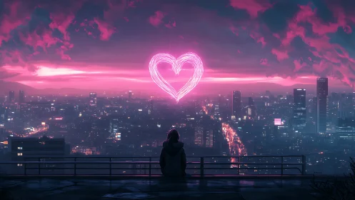 Solitary figure observes neon heart above dense cityscape