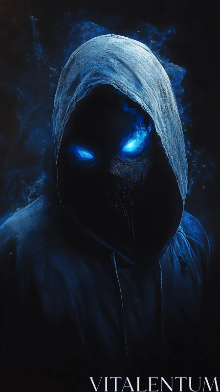 Hooded shadow entity with glowing blue eyes in darkness.