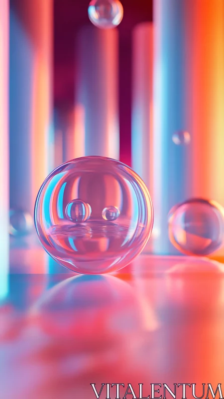 Translucent glass sphere hovers amid neon gradient columns