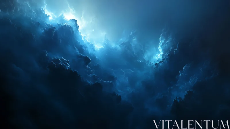 Dense illuminated cloud formations occupy a dark sky field