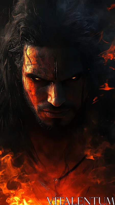 Fierce warrior emerging from fire with glowing, determined eyes.
