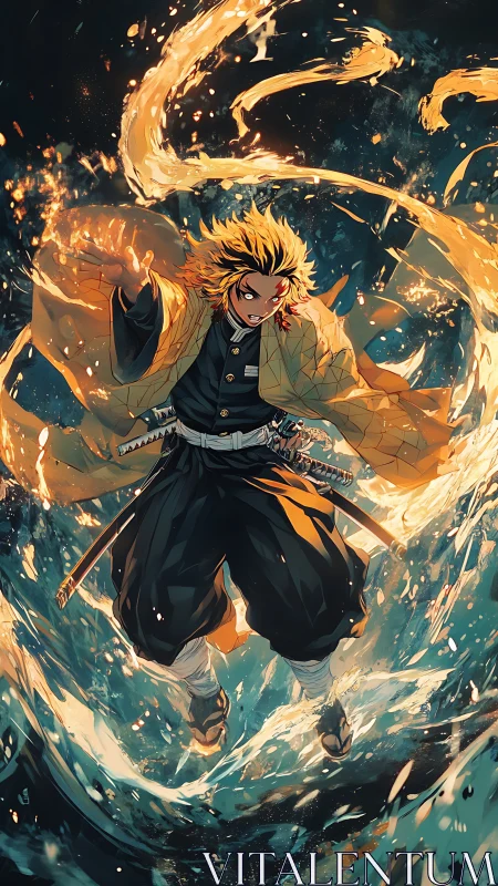 Flame-wreathed swordsman strides through roaring tidal light