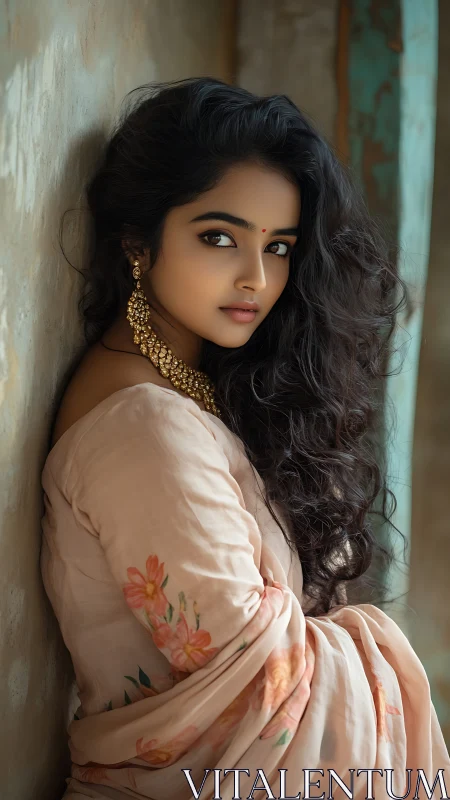 Soft gaze in floral saree beside weathered doorway.